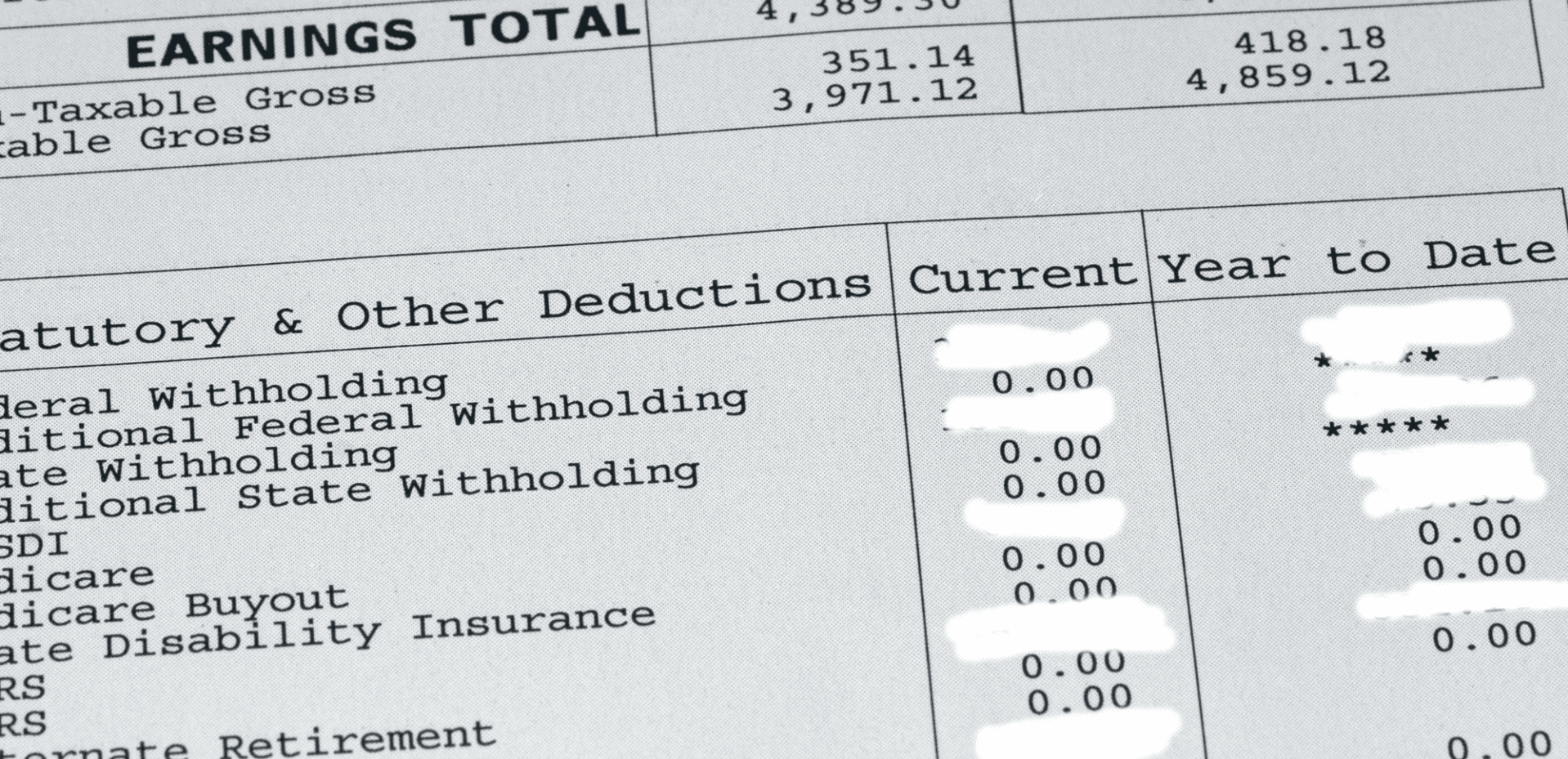 Fake pay stub with redactions in White
